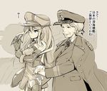  adjusting_clothes adjusting_gloves armor bismarck_(kantai_collection) breastplate cane detached_sleeves double-breasted epaulettes female_admiral_(kantai_collection) gloves hair_bun hands_clasped hat iron_cross iwasaki_takashi jacket_on_shoulders kantai_collection long_hair military military_uniform monochrome multiple_girls old_woman own_hands_together peaked_cap spot_color straight_hair translated uniform 