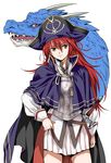  agahari breastplate brown_eyes cape character_request dragon hat highres long_hair long_sleeves pleated_skirt red_hair simple_background skirt sword tricorne vahren_tuga weapon white_background white_skirt 