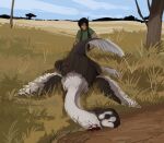 ambiguous_gender amphibiawlw arm_feathers award beak blood bodily_fluids brown_body brown_feathers caenagnathid clothed clothing corpse dead_eyes death dinosaur duo eyes_closed feathers feral gigantoraptor gun head_crest hi_res human hunter looking_at_viewer male mammal outside oviraptorid plant pose prehistoric_species ranged_weapon reptile rifle savanna scalie size_difference smile theropod tree trophy weapon white_body white_feathers