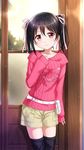  bad_id bad_pixiv_id black_hair blush hair_ribbon looking_at_viewer love_live! love_live!_school_idol_project red_eyes ribbon sleeves_past_wrists smile solo thighhighs tucana twintails yazawa_nico 