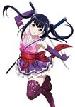  1girl black_hair cosplay female ikkitousen katana kunoichi legwear long_hair ninja official_art saji_genpou_(true) smile sword twintails weapon 