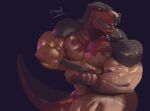 absurd_res anthro barazoku clothing dinosaur fangs flexing gloves handwear hi_res king_of_dinosaurs king_of_fighters male mask muscular muscular_anthro muscular_male nipples open_mouth pecs pinumontbalou pose prehistoric_species red_body red_scales reptile scales scalie scar snk solo solo_focus tail teeth theropod tongue topwear tyrannosaurid tyrannosauroid tyrannosaurus tyrannosaurus_rex underwear vein