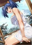  bare_shoulders bashoku_youjou blue_hair breasts female hair_ribbon ikkitousen large_breasts looking_at_viewer nude open_mouth purple_eyes ribbon short_twintails sitting smile solo twintails 