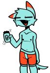 anthro black_tape blue_body blue_fur bottomwear clothed clothing electric_razor fur fur_trimming handwear hi_res holding_object male mitten_hands mittens open_mouth orange_body orange_bottomwear orange_clothing orange_fur orange_shorts orange_tongue personal_grooming pulled_down_shorts razor scab_(character) scab_nsfw shaving shorts simple_background smile solo tail tongue tools trimming_(grooming)