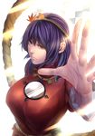  blue_hair breasts hairband large_breasts leaf leaf_on_head long_sleeves looking_at_viewer minami_koyogi mirror red_eyes rope shimenawa shirt short_hair simple_background solo touhou upper_body vest white_background yasaka_kanako 