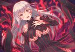  blush breasts dark_sakura detached_sleeves fate/stay_night fate_(series) g.t hair_ribbon large_breasts long_hair looking_at_viewer matou_sakura open_mouth red_eyes revision ribbon silver_hair smile solo underboob 