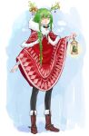  1other androgynous antlers black_pants boots braid brown_boots capelet christmas_ornaments commentary_request enkidu_(fate) fate/strange_fake fate_(series) full_body fur-trimmed_capelet fur_trim green_eyes green_hair highres himeko_(nico6v6pachi) holding holding_lantern horns lantern long_hair other_focus pants red_capelet side_braid solo spurs 
