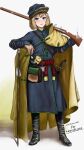  1girl absurdres antique_firearm artist_name banner belt_pouch black_boots blonde_hair blue_coat blue_eyes blue_hat blush boots cape coat cossack english_text firelock full_body fur-trimmed_headwear fur_trim grin gun hair_between_eyes hat highres jolibond knee_boots leaning leaning_on_object long_coat looking_at_viewer marichka matchlock military military_uniform musket original over_shoulder posing pouch powder_horn red_sash rifle saber_(weapon) sash scabbard sheath short_hair signature smile solo standing strap sword tassel teeth waist_sash weapon weapon_on_back weapon_over_shoulder yellow_cape 