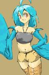  ahoge blue_hair blue_wings breasts brown_eyes covered_nipples cowboy_shot feathered_wings feathers hand_on_hip harpy midriff monster_girl monster_musume_no_iru_nichijou navel papi_(monster_musume) short_shorts shorts signature sketch small_breasts smile snibako solo wings 