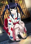  black_hair feet female ikkitousen japanese_clothes kimono long_hair lowres official_art saji_genpou_(true) toes twintails 