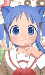 1girl :t animal_ears blue_eyes blue_hair blush cat_ears closed_mouth cube_hair_ornament donut food food-themed_background hair_ornament hand_up highres long_sleeves looking_at_viewer naganohara_mio naganoharamiomio nichijou sailor_collar school_uniform short_hair short_twintails solo star_(symbol) straight-on tokisadame_school_uniform twintails upper_body white_sailor_collar 