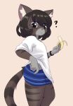 2025 anthro banana big_butt blue_clothing blue_underwear brown_body brown_eyes brown_fur brown_hair butt cat_sona_(mr-shin) clothed clothing domestic_cat eating felid feline felis food fruit fur gloves_(marking) grey_body grey_fur hair hi_res holding_food holding_object looking_at_viewer male mammal markings mole_(marking) mr-shin pantsless pattern_clothing pattern_underwear pink_inner_ear pink_nose plant pupils question_mark raised_clothing raised_shirt raised_topwear shirt side_view solo standing striped_clothing striped_underwear stripes topwear underwear white_clothing white_shirt white_topwear