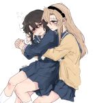  2girls absurdres artist_name black_hairband black_serafuku black_shirt black_skirt blonde_hair blush brown_hair cardigan commentary flying_sweatdrops glasses hairband hashtag-only_commentary highres holding_hands hug hug_from_behind interlocked_fingers koishikawa_iko long_hair long_sleeves looking_at_another momijiyama_teru multiple_girls mwtshu parted_lips pleated_skirt school_uniform serafuku shirt shy_(series) simple_background sitting sitting_on_lap sitting_on_person skirt white_background yellow_cardigan yellow_eyes yuri 