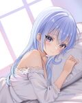  1girl akiei bed_sheet blue_hair blush breasts dress highres idolmaster idolmaster_shiny_colors indoors looking_at_viewer lying medium_breasts off-shoulder_dress off_shoulder on_back pillow purple_eyes smile solo suzuki_hana twitter_username upper_body white_dress 