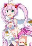  ahoge animal_ears bare_shoulders bell blush bow bowtie bra breast_squeeze breasts d: gochou_(atemonai_heya) green_eyes hairband headband heart long_hair looking_at_viewer medium_breasts midriff navel open_mouth pink_hair pink_skirt ribbon rosia_(show_by_rock!!) show_by_rock!! skirt skirt_pull smile solo sweatband tail thighhighs twintails underwear v-shaped_eyebrows yellow_hairband 
