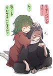  1girl ^_^ artist_request bandages chibi closed_eyes eto_(tokyo_ghoul) green_hair hands_on_another's_head head_on_head hood kneeling long_hair open_mouth silver_hair simple_background sitting smile spoilers takizawa_seidou tokyo_ghoul tokyo_ghoul:re translated white_background 
