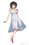  1girl alternate_costume alternate_eye_color black_hair dress fire highres momijiyama_teru no_eyewear no_shoes red_eyes short_hair shy_(series) simple_background sleeveless sleeveless_dress takatisakana white_background white_dress 