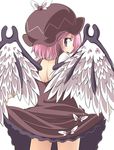  :d bird_wings brown_eyes dress dress_lift frilled_dress frills from_behind hat jagabutter looking_at_viewer looking_back mystia_lorelei open_mouth pink_hair short_hair smile touhou wings 