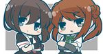  :o :t arm_warmers black_gloves bloom2425 blue_eyes bow bowtie braid brown_eyes brown_hair chibi crossed_arms double_bun gloves hair_over_shoulder hair_ribbon kantai_collection michishio_(kantai_collection) multiple_girls pout ribbon school_uniform serafuku shigure_(kantai_collection) single_braid single_glove suspenders v-shaped_eyebrows 