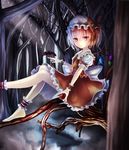  ankle_cuffs apple ascot bad_id bad_pixiv_id bare_tree barefoot bat blonde_hair flandre_scarlet fog food forest frilled_skirt frills fruit hat hat_ribbon highres in_tree index_finger_raised leg_lift light_smile looking_at_viewer mob_cap nature red_eyes ribbon rinne_(kouheiramia) short_hair sitting sitting_in_tree skirt skirt_set solo touhou tree wrist_cuffs 