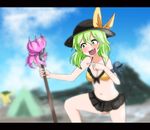  :d bikini_skirt bikini_top blush bow breasts cleavage commentary_request front-tie_top green_eyes green_hair harpoon hat hat_bow komeiji_koishi laughing letterboxed medium_breasts navel octopus open_mouth pointing smile solo takorice touhou 