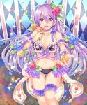  breasts cleavage flower large_breasts long_hair navel official_art panties petals purple_hair red_eyes senjou_no_electro_girl shina_shina solo thighhighs underwear 