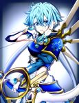  1girl aqua_eyes aqua_hair armor asymmetrical_sleeves bow_(weapon) breastplate gloves hair_between_eyes highres holding holding_bow_(weapon) holding_weapon looking_at_viewer parted_lips short_hair shoulder_armor sinon sinon_(solus) solo sword_art_online sword_art_online:_alicization sword_art_online:_alicization_-_war_of_underworld twitter_username weapon white_gloves yukimaro0929 