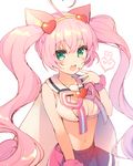  :d ahoge animal_ears blush breasts cat_ears cleavage green_eyes hairband heart heart_ahoge large_breasts long_hair looking_at_viewer mayachi_(amuriya) midriff navel open_mouth pink_hair rosia_(show_by_rock!!) show_by_rock!! smile solo twintails yellow_hairband 