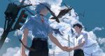  2boys belt belt_buckle bird black_bird black_choker black_pants blue_eyes blue_shirt blue_sky brown_belt brown_hair buckle chinese_commentary choker closed_mouth cloud cloudy_sky commentary_request crow cumulonimbus_cloud falling_feathers feathers highres holding_hands ikari_shinji listencareful male_focus multiple_boys nagisa_kaworu neon_genesis_evangelion open_collar orange_shirt pants power_lines red_eyes school_uniform shirt shirt_tucked_in short_sleeves sky standing tokyo-3_middle_school_uniform utility_pole white_hair white_shirt wing_collar 