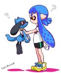  ? blue_hair carrying company_connection crossover domino_mask gen_4_pokemon inkling look-alike mask pointy_ears pokemon pokemon_(creature) red_eyes riolu rui_(veranda) shoes short_hair_with_long_locks shorts sidelocks sneakers splatoon_(series) splatoon_1 tentacle_hair tentacles 