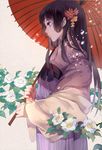  bad_id bad_pixiv_id black_hair camellia chinese_clothes dj.adonis eyelashes flower from_side hair_flower hair_ornament hanfu highres hime_cut long_hair mole mole_under_eye oriental_umbrella original petals profile purple_eyes solo umbrella 