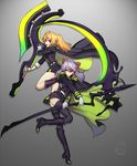  axe battle_axe black_footwear black_legwear blonde_hair blue_eyes boots bow brown_eyes cloak gloves gradient gradient_background hair_bow hiiragi_shinoa knee_boots leg_up multiple_girls open_mouth owari_no_seraph purple_hair rod_(rod4817) sanguu_mitsuba scythe simple_background skirt smile thighhighs twintails uniform weapon white_gloves 