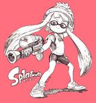  aiming beanie bike_shorts copyright_name domino_mask hand_on_own_head hat ink_tank_(splatoon) inkling mask monochrome pink_background pointy_ears sanohi_kk smile solo splatoon_(series) splatoon_1 splattershot_(splatoon) super_soaker tentacle_hair 