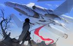 aircraft airplane anachronism black_hair braid cape day flag from_behind gauntlets highres long_hair mad_jojo original science_fiction sky solo sword tree weapon 