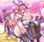  2girls animal_ears artist_name commentary cowboy_shot detached_sleeves english_text fishnet_pantyhose fishnets gloves gundam gundam_seed gundam_seed_destiny gundam_seed_freedom high_heels high_ponytail holding holding_tray lacus_clyne leotard long_hair meer_campbell minakami_monaka mixed-language_text multiple_girls pantyhose pink_hair playboy_bunny ponytail rabbit_ears standing thighhighs tray twitter_username very_long_hair watermark white_gloves white_leotard zaku_warrior_concert_custom 
