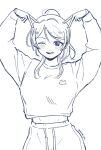  1girl ;d ayase_eli blush breasts commentary cowboy_shot crop_top cropped_shirt double_v greyscale high_ponytail large_breasts long_hair long_sleeves looking_at_viewer love_live! love_live!_school_idol_project monochrome one_eye_closed open_mouth pants ponytail shirt_overhang simple_background smile solo teeth twitter_username upper_teeth_only v v_over_head white_background yukku_609 