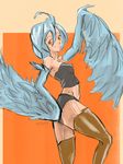  ahoge blue_hair blue_wings breasts feathered_wings feathers hand_on_hip harpy monster_girl monster_musume_no_iru_nichijou orange_eyes papi_(monster_musume) pose signature sketch small_breasts smile snibako solo wings 