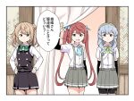  3girls arm_warmers asagumo_(kancolle) ascot bike_shorts_under_skirt blue_ascot brown_hair collared_shirt commentary_request cowboy_shot curled_fingers donut_hair_bun double_bun dress dress_shirt green_hairband grey_eyes grey_hair grey_skirt hair_bun hair_ribbon hairband kantai_collection long_hair medium_hair michishio_(kancolle) michishio_kai_ni_(kancolle) multiple_girls pinafore_dress pleated_skirt ribbon shirt short_twintails shorts shorts_under_skirt sidelocks skirt sleeveless sleeveless_dress suspender_skirt suspenders tenshin_amaguri_(inobeeto) translation_request twintails white_shirt yamagumo_(kancolle) 