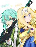  2girls alice_zuberg black_gloves blonde_hair blue_eyes blue_hair bullet bullet_in_mouth character_name closed_mouth fingerless_gloves gloves green_jacket gun hair_between_eyes hair_ornament hairband hairclip highres holding holding_bullet holding_gun holding_sword holding_weapon jacket long_hair long_sleeves looking_at_viewer multiple_girls osmanthus_blade rifle short_hair sinon smile sword sword_art_online sword_art_online:_alicization twitter_username upper_body weapon white_background white_hairband yukimaro0929 