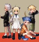  3boys age_regression animal_ears archer artoria_pendragon_(all) cat_ears cat_tail child child_gilgamesh dog_ears dog_tail fate/hollow_ataraxia fate/stay_night fate_(series) gilgamesh highres kemonomimi_mode lancer lion_ears lion_tail multiple_boys rabbitseijin saber tail wolf_ears wolf_tail younger 