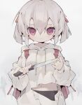  1girl absurdres backpack bag black_panties breasts closed_mouth grey_hair highres holding holding_knife hood hooded_sweater knife long_hair long_sleeves looking_at_viewer medium_hair midriff_peek navel nep_(nep_76) original panties puffy_long_sleeves puffy_sleeves red_eyes sidelocks solo sweater torn_clothes torn_sweater underwear upper_body white_background 