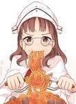  bad_id bad_pixiv_id bangs blunt_bangs brown_eyes brown_hair capelet eating food food_in_mouth food_on_face glasses headdress ido_(teketeke) kantai_collection meatball pasta pince-nez roma_(kantai_collection) round_eyewear short_hair simple_background solo spaghetti twitter_username white_background 
