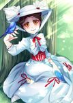  bird brown_hair dress grass hat highres kokuchuutei mary_poppins mary_poppins_(character) orange_eyes short_hair smile solo white_dress 