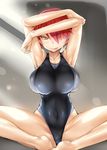  :p arms_up breasts competition_swimsuit highleg highleg_swimsuit huge_breasts legs looking_at_viewer one-piece_swimsuit original pink_hair sideboob solo swimsuit thighs tongue tongue_out usyuuri yellow_eyes 