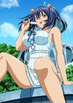  bashoku_youjou blue_hair female food hair_ornament ice_cream ikkitousen lowres short_twintails sky smile solo tongue twintails water 