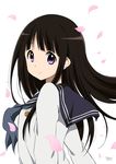  black_hair chitanda_eru hyouka long_hair looking_at_viewer petals purple_eyes ragho_no_erika school_uniform serafuku solo upper_body 