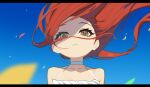  1girl absurdres bare_shoulders blue_sky dress expressionless floating_hair highres idolmaster idolmaster_million_live! letterboxed long_hair looking_at_viewer ogami_tamaki petals red_hair sillon sky solo upper_body white_dress wind yellow_eyes 