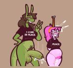 2_antennae adventure_time after_sex alien alien_humanoid antennae_(anatomy) anthro balls big_penis biped blush blush_lines bodily_fluids bottomless breasts brown_hair candy_people_(at) canon_x_oc cartoon_network clothed clothing crop_top cum cum_drip cum_inflation cum_inside cum_string dripping duo ejaculation english_text erection female food food_creature foreskin genital_fluids genitals gesture green_antennae green_body green_tail gynomorph gynomorph/female hair hand_gesture humanoid humanoid_genitalia humanoid_penis i_come_in_peace_(meme) inflation intersex intersex/female long_tail pavizi_(xenopavilia) penis pink_body pink_hair princess_bubblegum pubes shirt simple_background smile smooth_skin tail text topwear v_sign xenopavilia