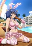  1girl animal_ears bashoku_youjou blue_hair breasts cleavage female food gloves hair_ornament ikkitousen lowres midriff navel pool short_twintails skirt smile solo squid striped striped_legwear striped_thighhighs twintails 