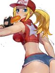  1girl baseball_cap blonde_hair blue_eyes breasts cleavage denim denim_shorts fatal_fury fatal_fury_cap fingerless_gloves genderswap genderswap_(mtf) gloves hat highres large_breasts long_hair looking_at_viewer micro_shorts midriff navel oni_gini ponytail shorts simple_background snk_heroines:_tag_team_frenzy solo terry_bogard the_king_of_fighters 